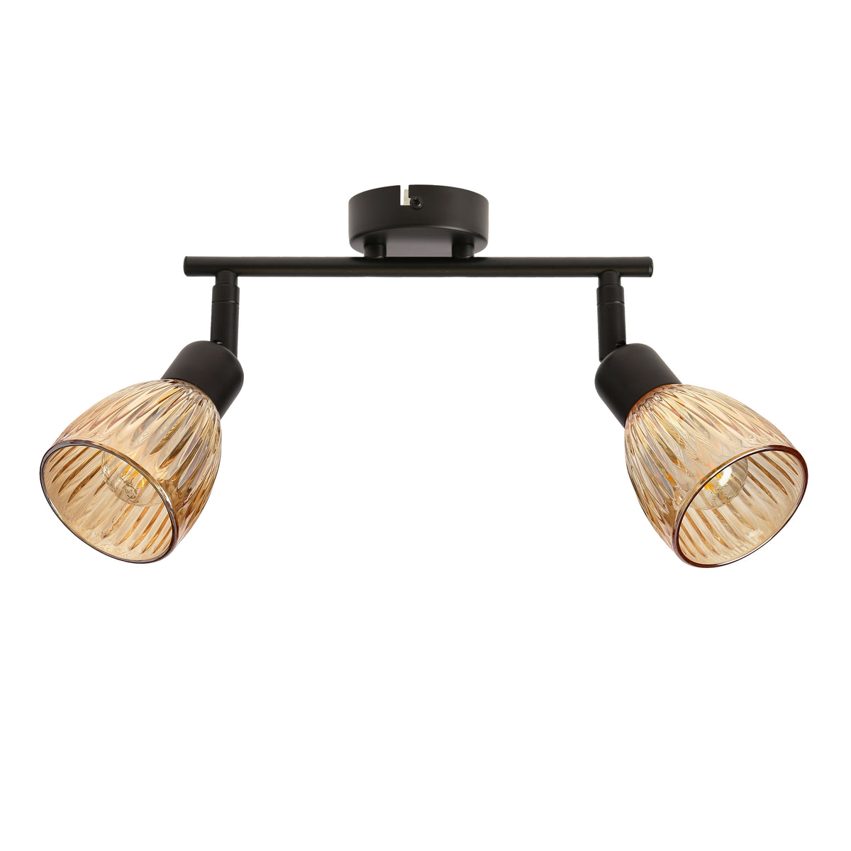Plafonnier noir deux spots orientables, verre ambré côtelé, présenté de face sur fond blanc
