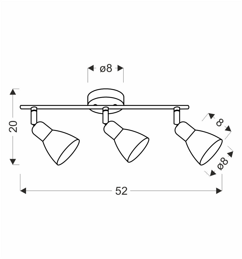 Schéma coté du plafonnier : largeur 52 cm, hauteur 20 cm, diamètre 8 cm