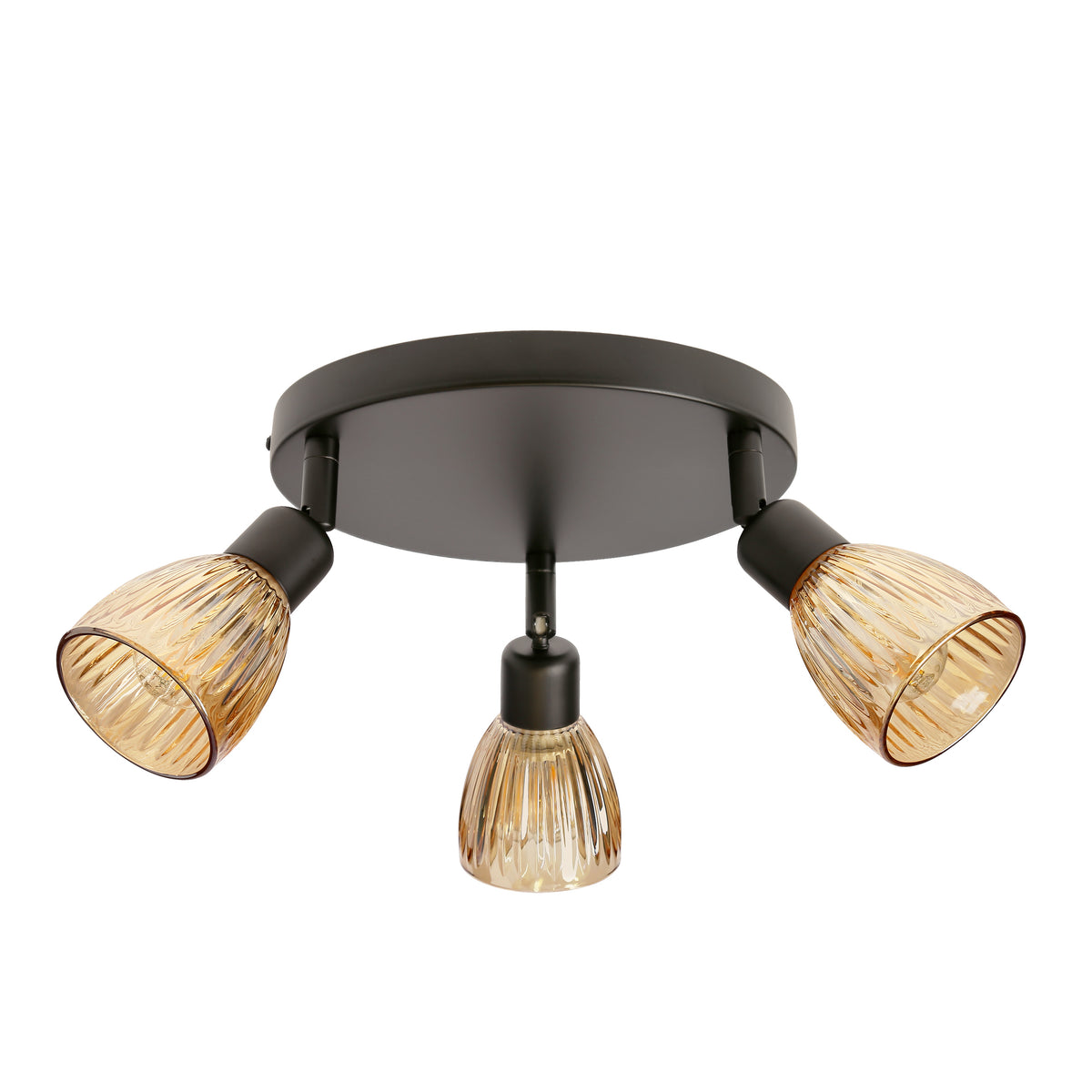 Plafonnier noir à trois spots orientables avec verres striés ambrés, vue produit sur fond blanc