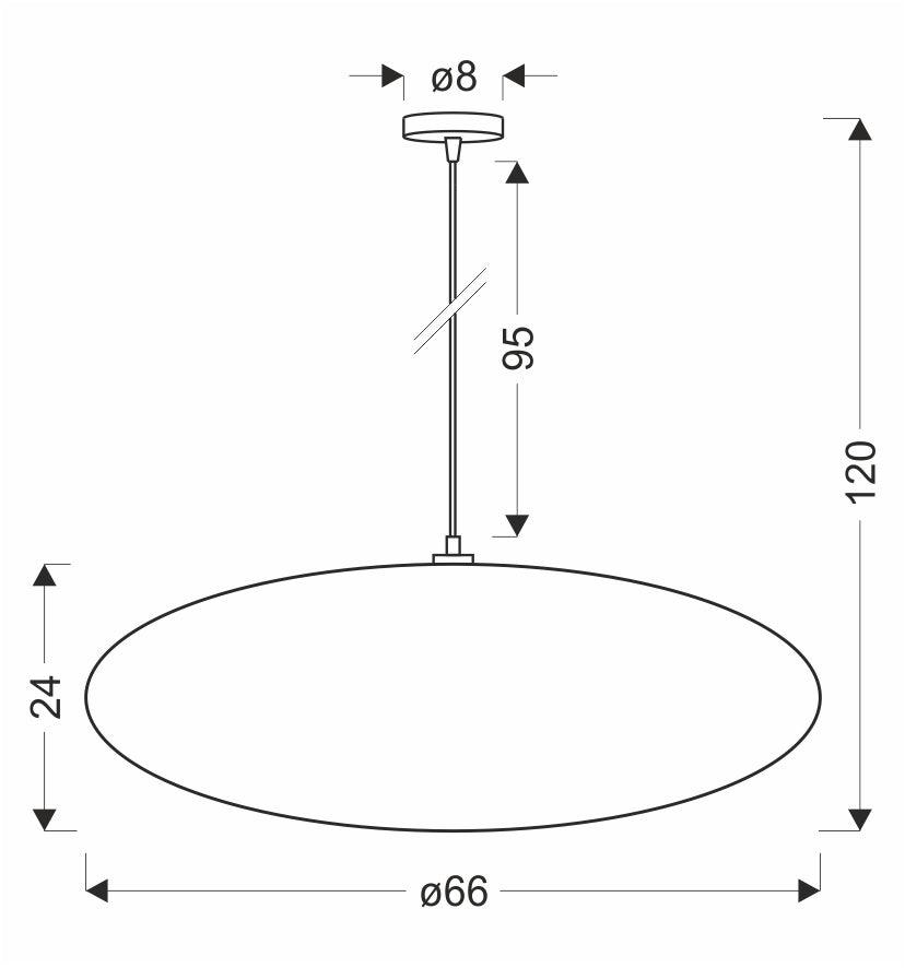 Schéma coté de la suspension : diamètre 66 cm, hauteur 24 cm et câble 95 cm.