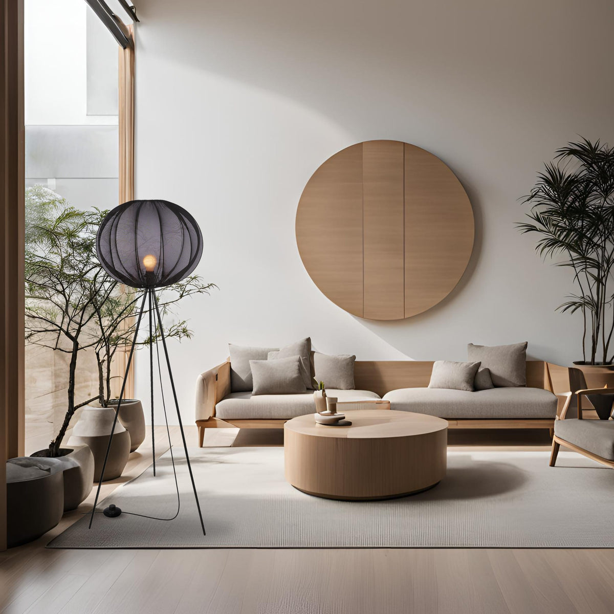 Lampadaire tripode dans un intérieur en bois clair avec canapé, table ronde et décoration murale.