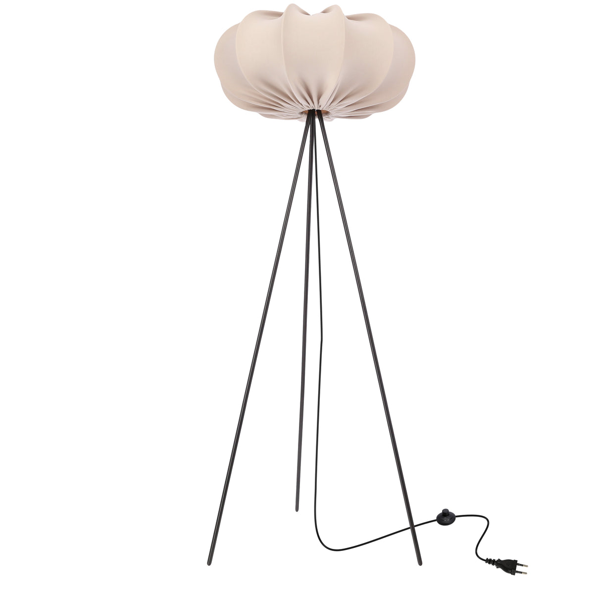 Lampadaire beige sur fond blanc, abat-jour plissé arrondi et tripode noir