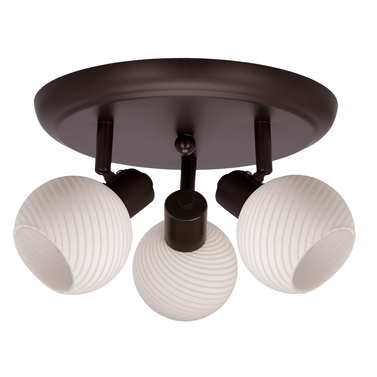 Plafonnier trois lumières vu de dessous, globes en verre strié blanc sur support marron