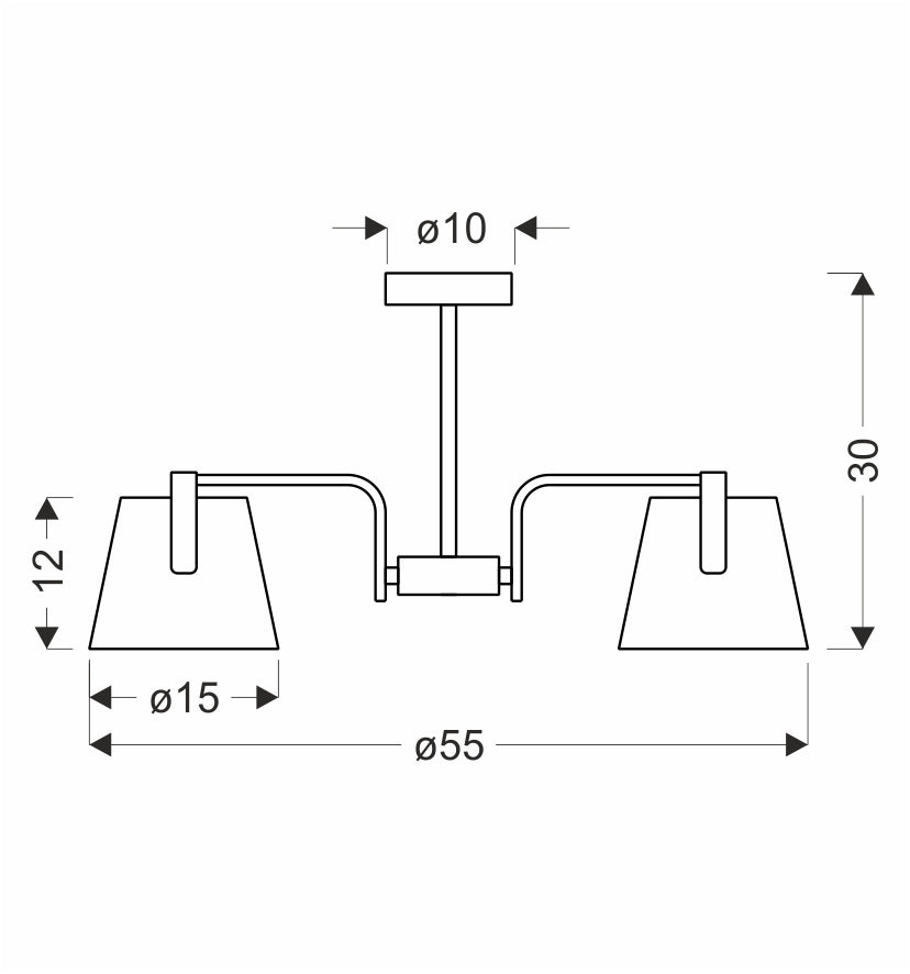 Schéma technique coté du plafonnier avec diamètres et hauteur en centimètres