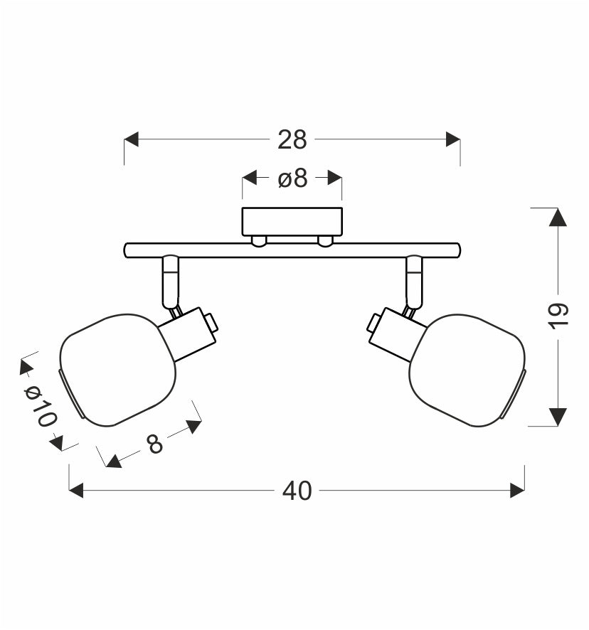 Schéma coté du luminaire : largeur 40, hauteur 19 et diamètre des verres 10 cm