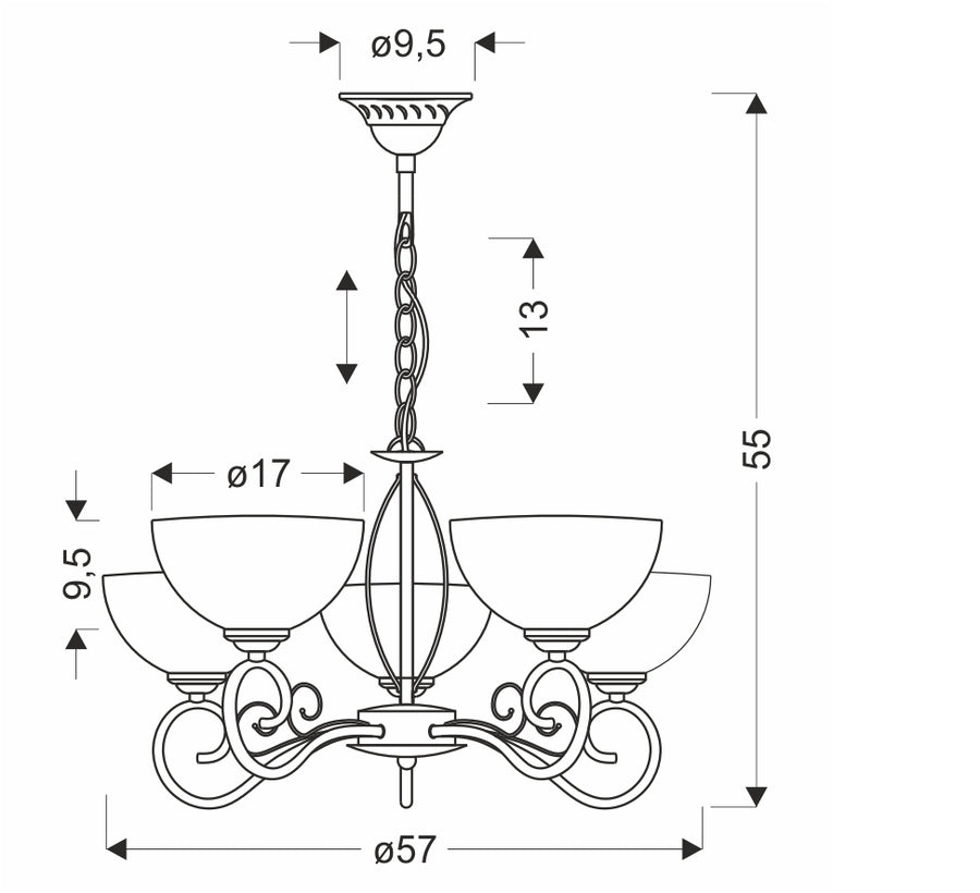 Schéma coté du luminaire indiquant diamètre 57 cm et hauteur totale 55 cm