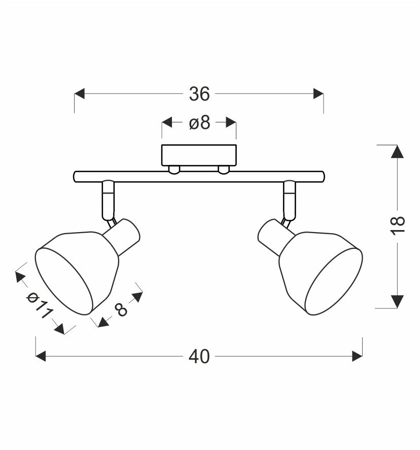 Schéma coté du plafonnier : largeur 36 cm, hauteur 18 cm, diamètre 11 cm