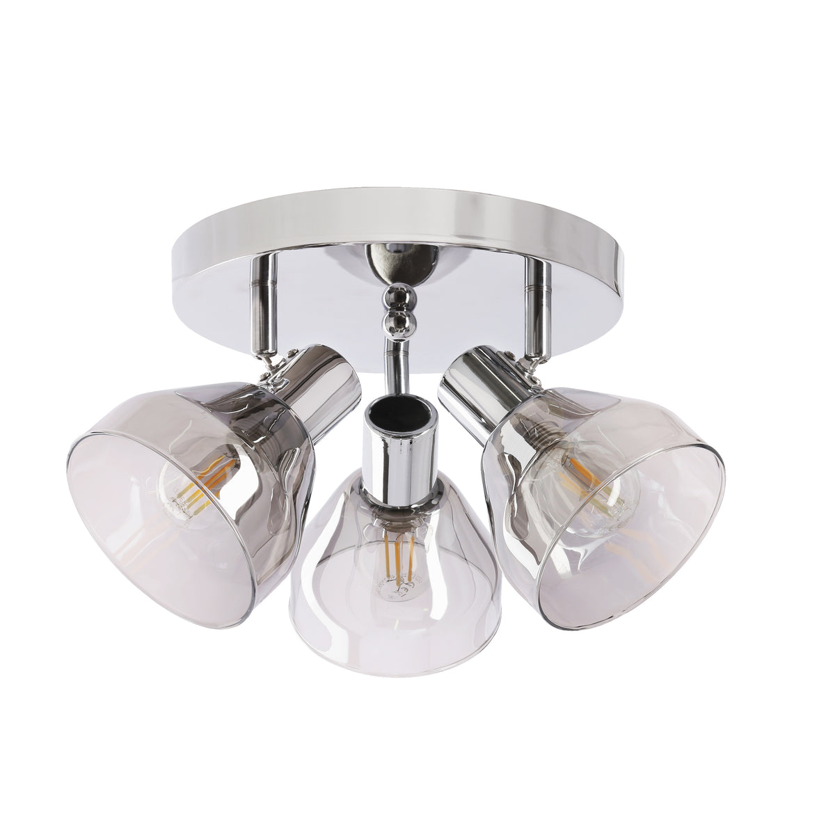 Plafonnier trois lumières en chrome poli avec diffuseurs en verre fumé, vue de face