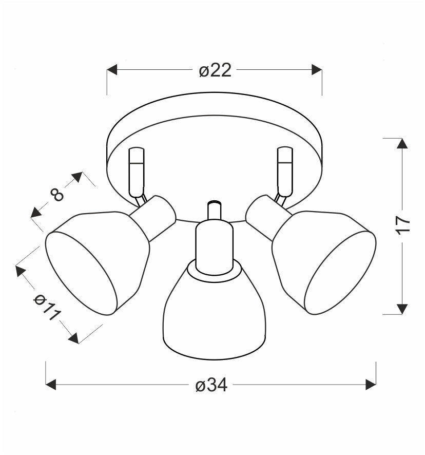 Schéma technique coté du plafonnier : diamètre 34 cm, hauteur 17 cm, abat-jour 11 cm