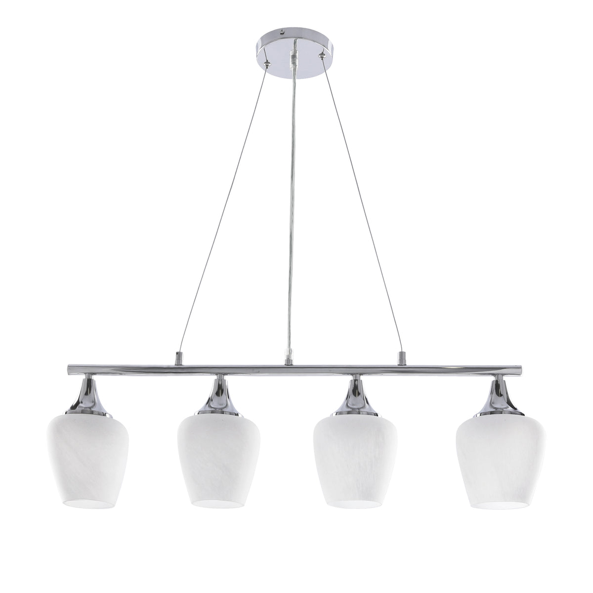 Suspension quatre lumières vue de face, verre blanc et structure chromée, fond blanc
