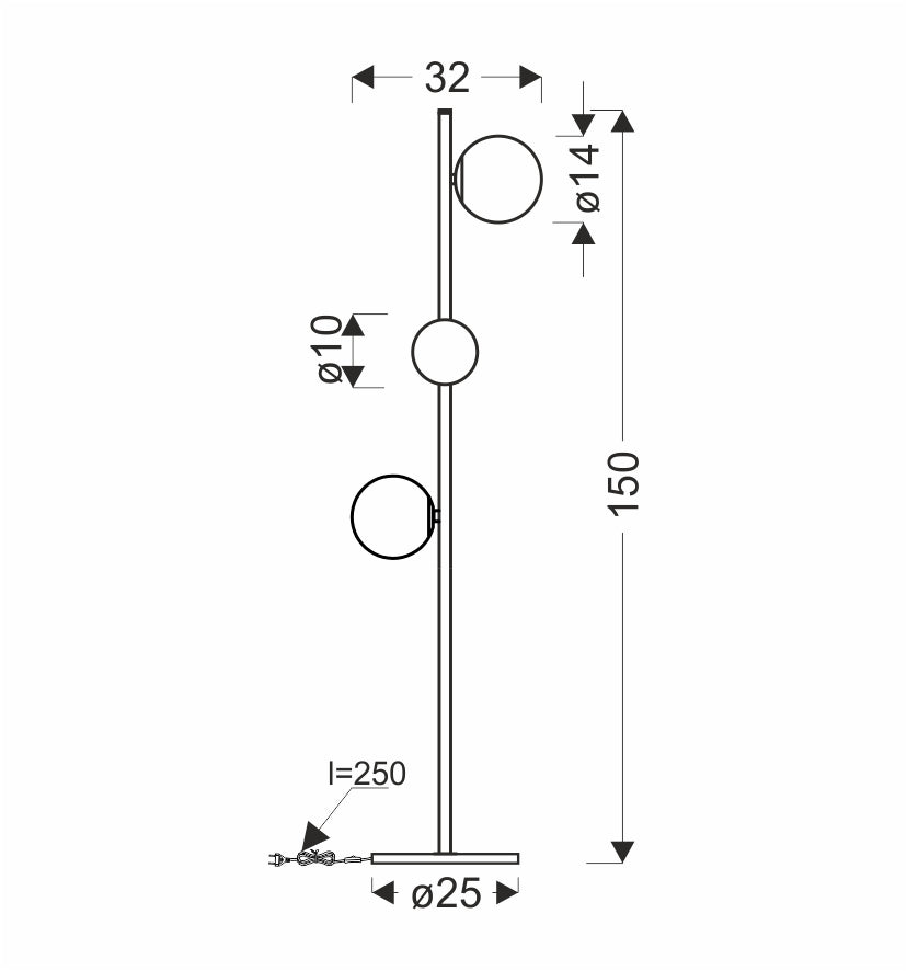 Schéma coté du lampadaire, hauteur 150 cm et base ronde