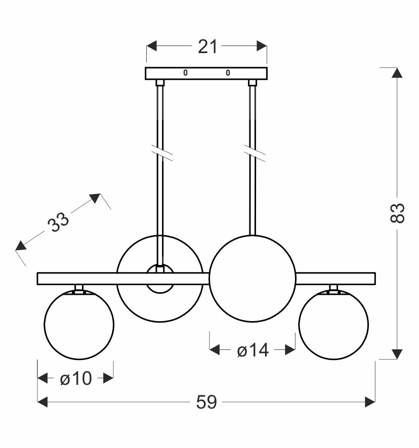Schéma technique coté du luminaire avec dimensions en centimètres et diamètres.