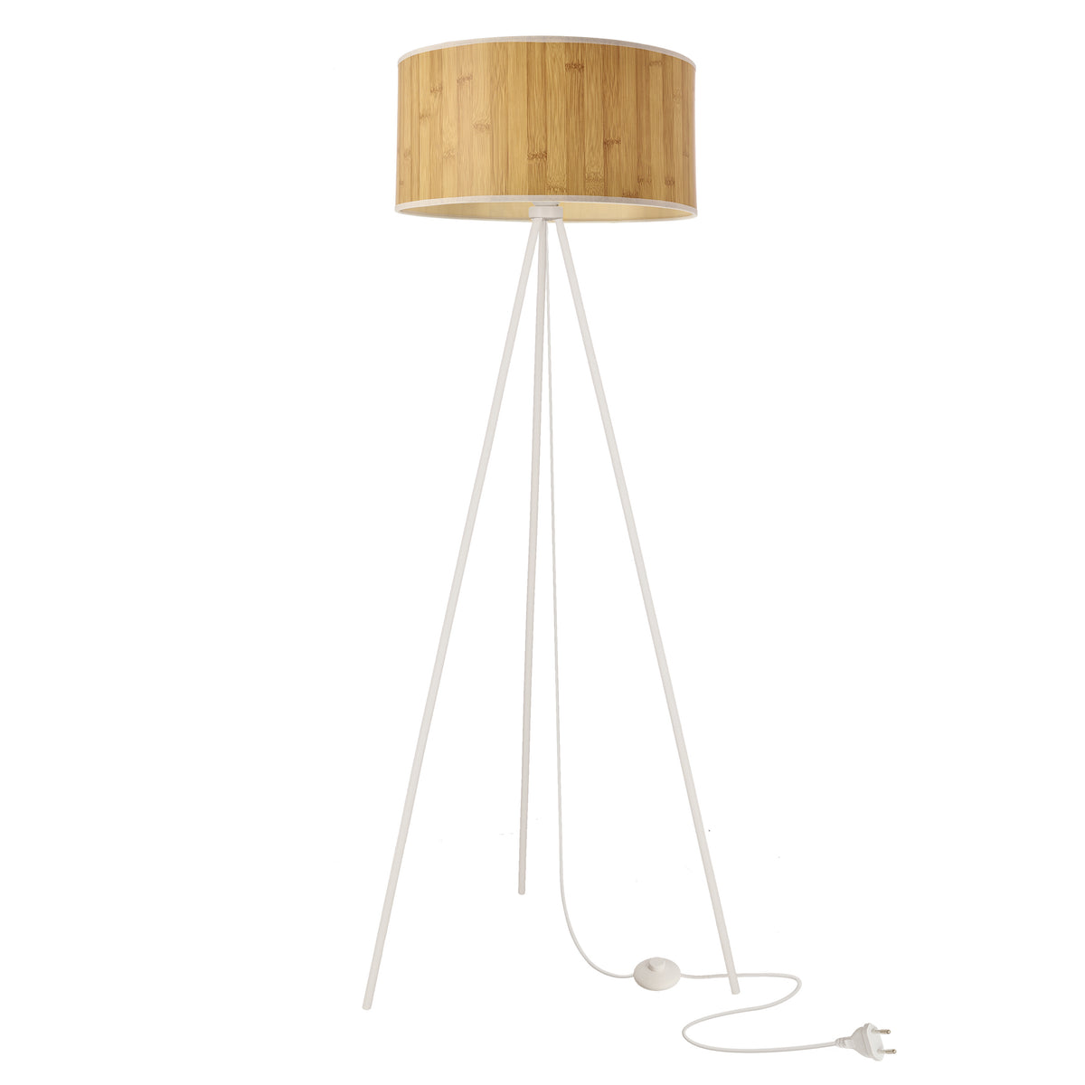 Lampadaire au fond blanc avec abat-jour cylindrique effet bambou et pied tripode blanc