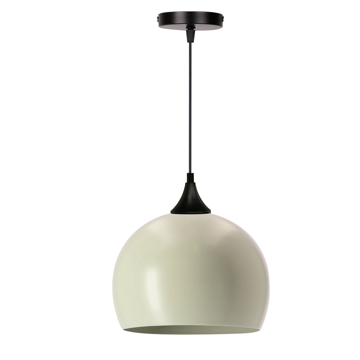 Suspension noire avec abat-jour bombé beige, vue de face sur fond blanc.