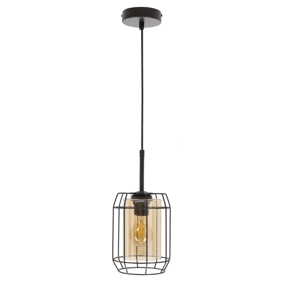 Suspension noire à cage métallique et verre cylindrique, ampoule E27 visible, fond blanc