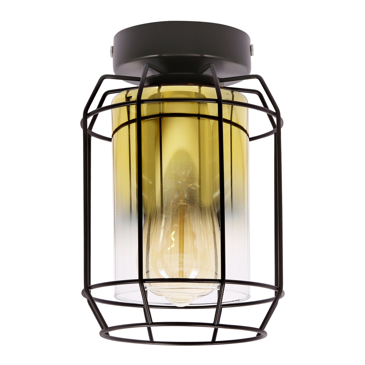 Plafonnier noir à cage métallique et verre cylindrique ambré, ampoule visible de face
