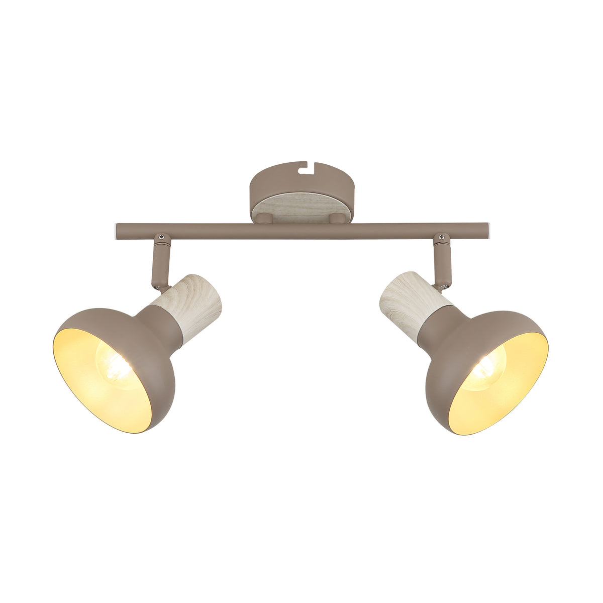 Plafonnier deux spots orientables beige et bois clair, vue de face sur fond blanc