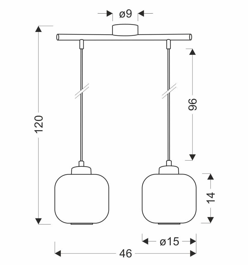 Schéma technique coté indiquant hauteur totale 120 cm, largeur 46 cm et diamètre des abat-jour