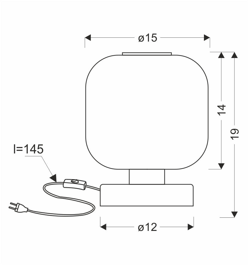 Schéma coté du luminaire, diamètre 15 cm, hauteur 19 cm, longueur de câble