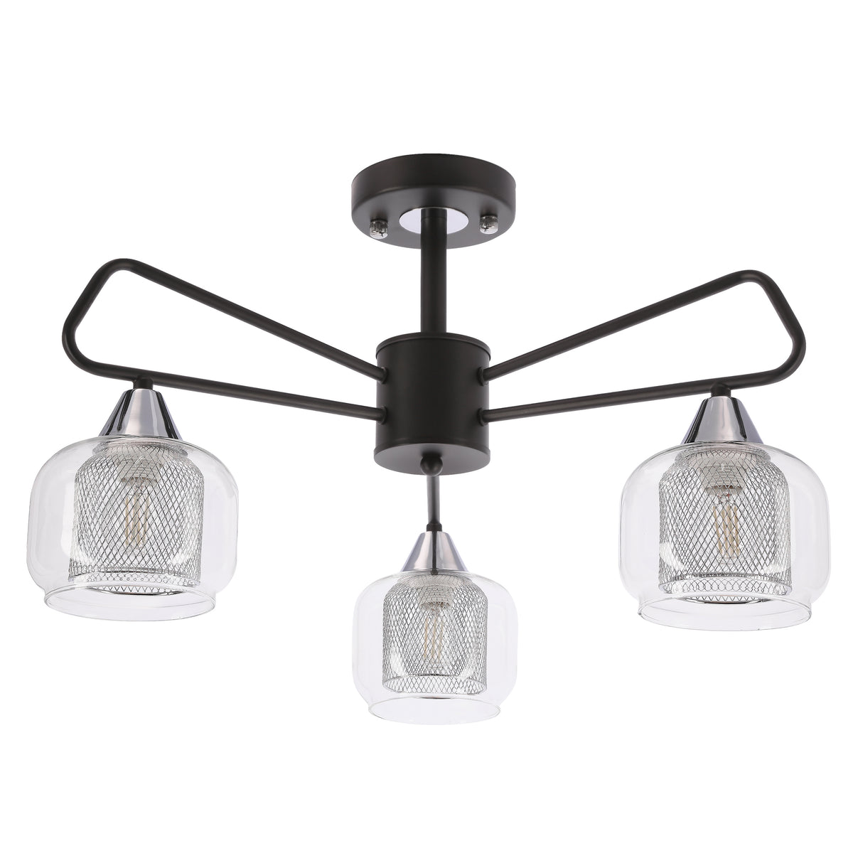 Plafonnier trois lumières vu de face, bras noirs et verres transparents à grille métallique