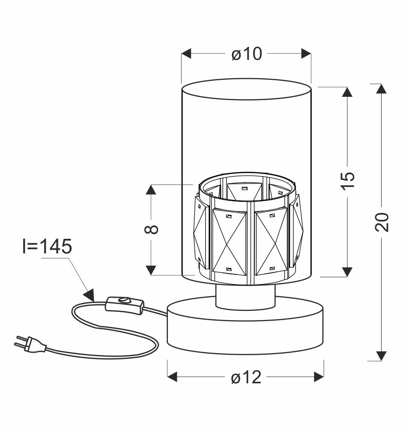 Schéma de dimensions cotées du luminaire : hauteur 20 cm, base ronde de 12 cm