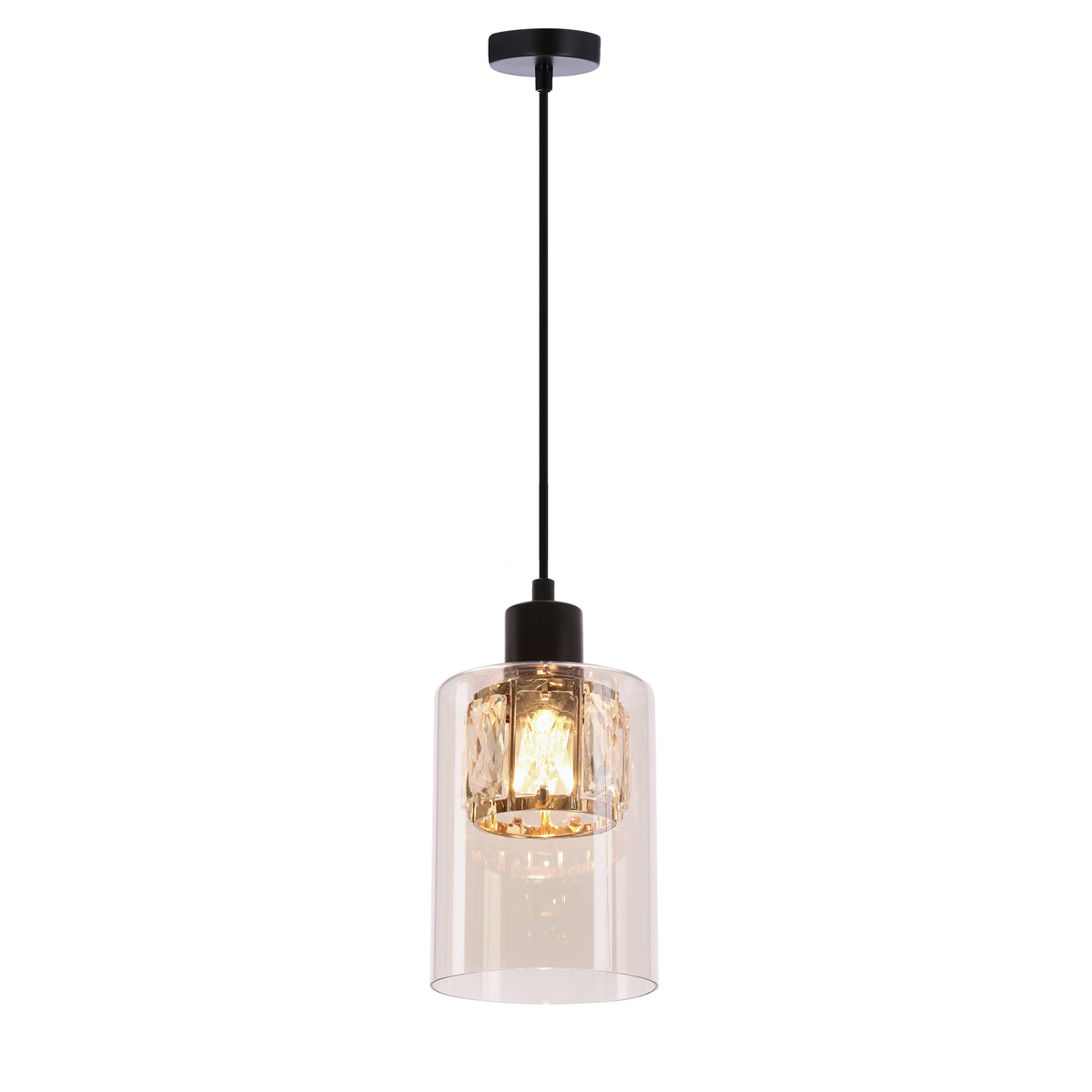 Suspension au verre cylindrique transparent, câble noir et ampoule allumée à l'intérieur