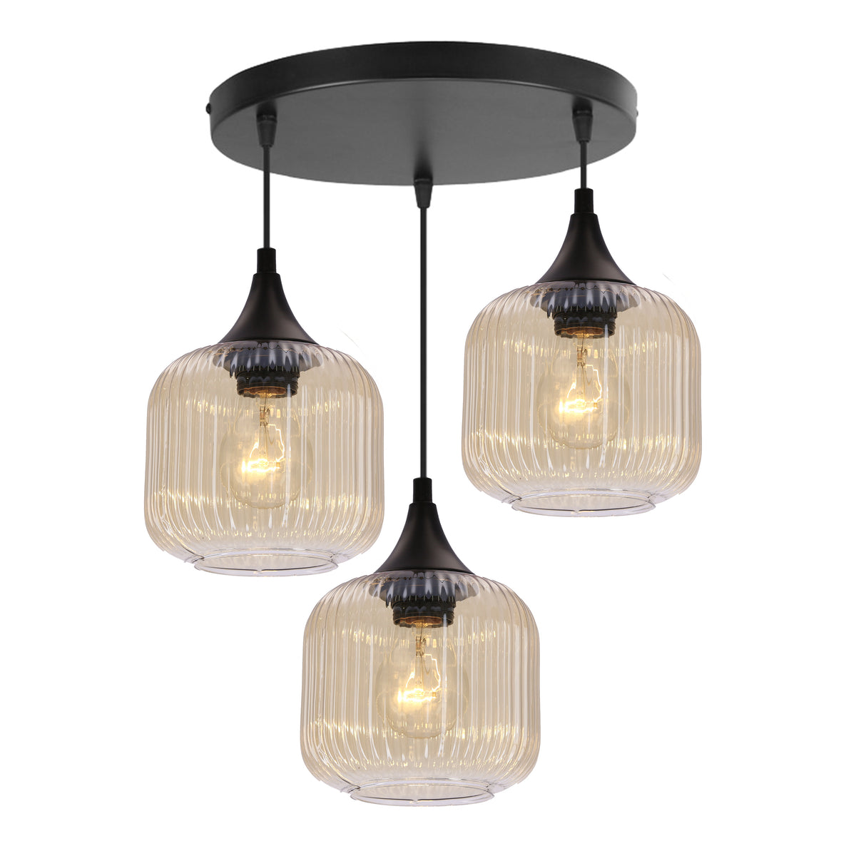 Suspension trois lumières en verre strié ambré et structure métal noir, vue de face
