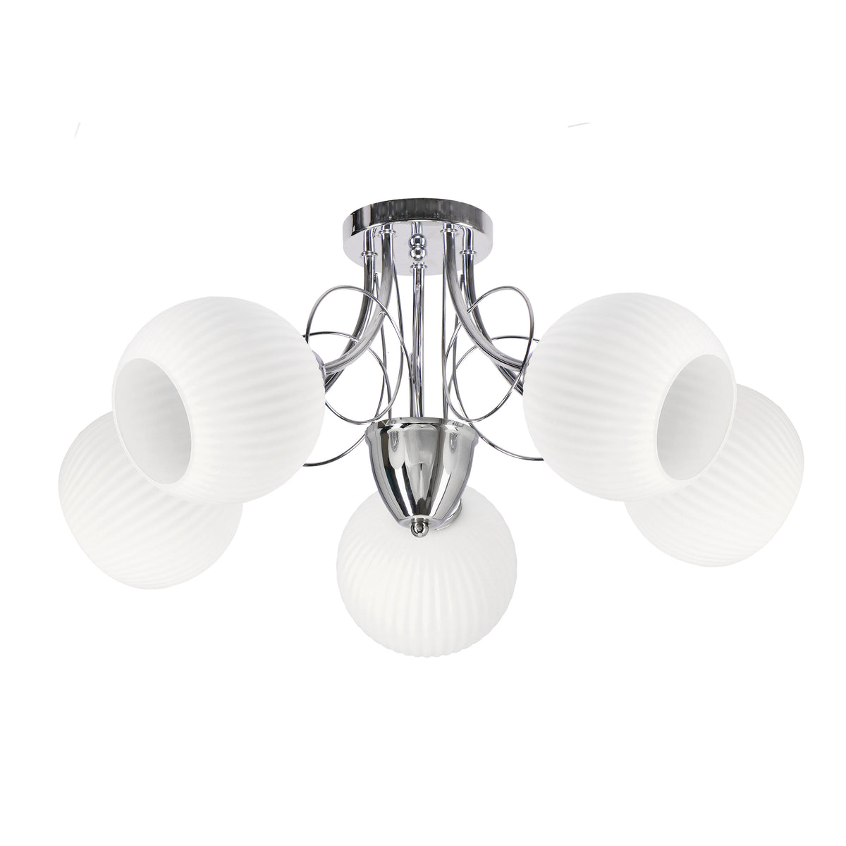 Plafonnier cinq lumières verre blanc et métal argenté, vue de face sur fond blanc