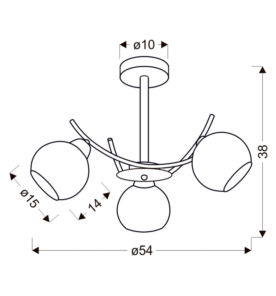 Schéma technique coté du luminaire, diamètre 54 cm, hauteur 38 cm, fixation plafond