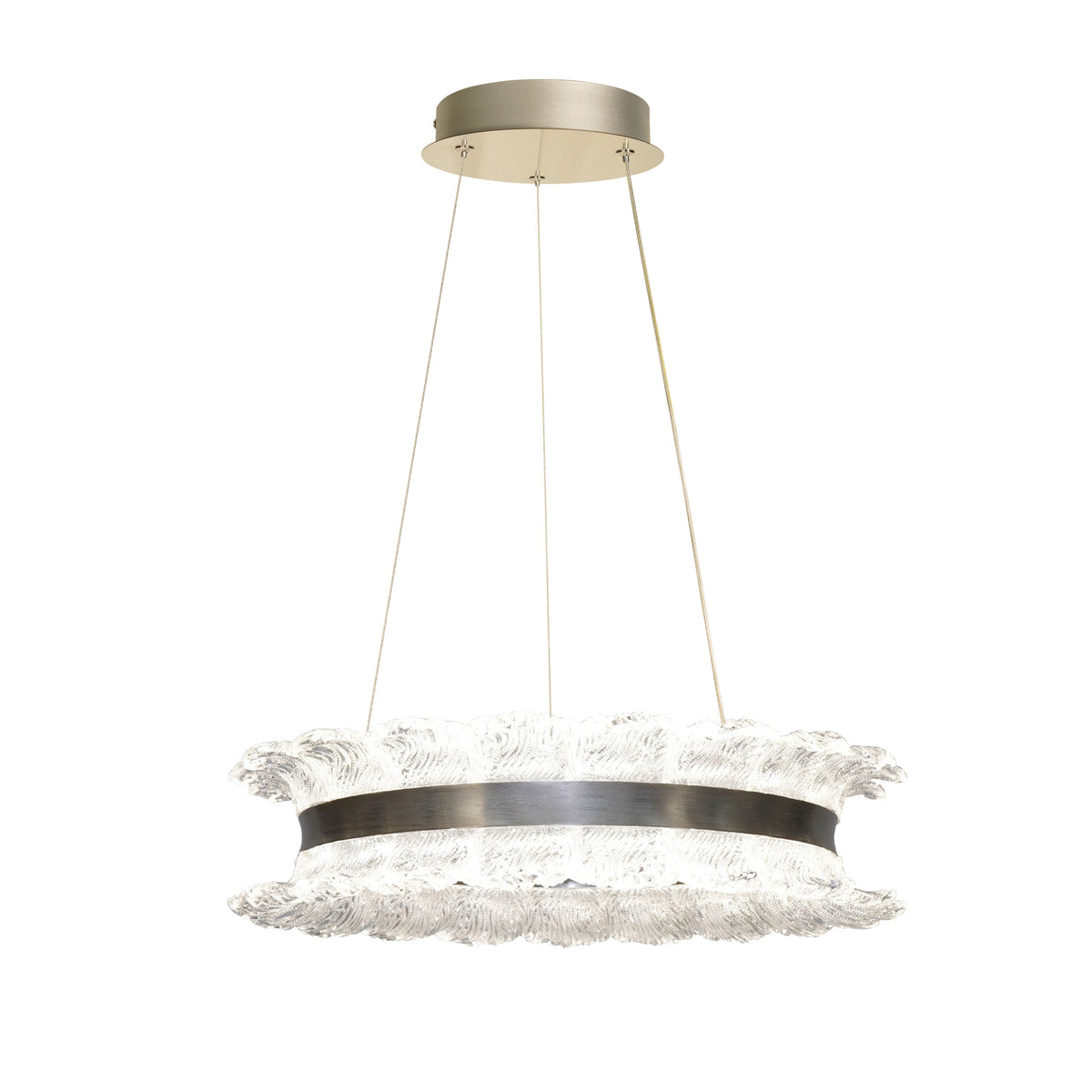Suspension ronde en verre texturé et bandeau métallique argenté, vue de face sur fond blanc.