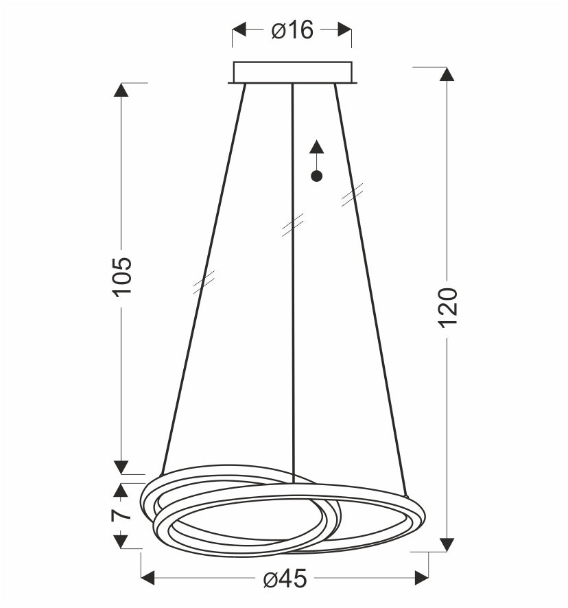 Schéma technique coté du luminaire avec diamètre et hauteur de suspension