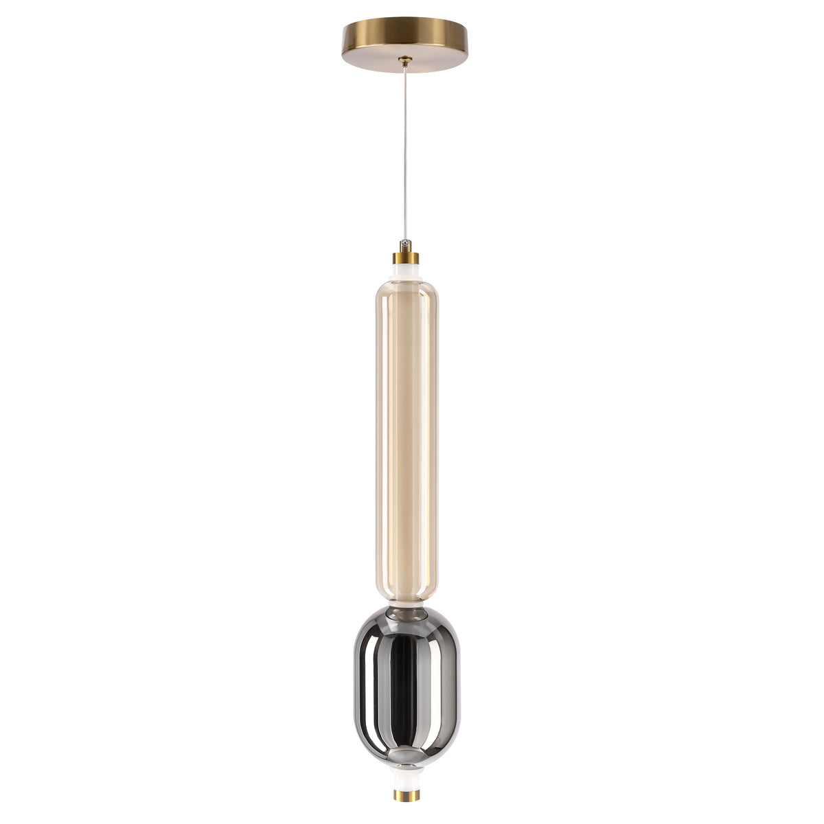 Suspension dorée de face sur fond blanc, long tube de verre champagne et partie basse fumée