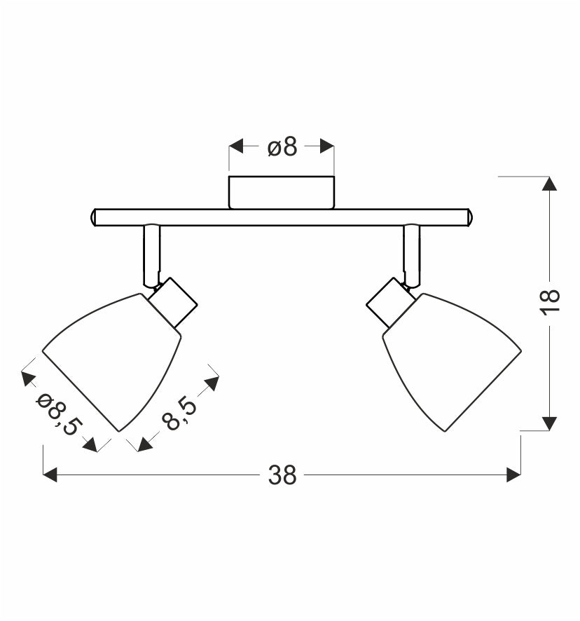 Schéma de dimensions du luminaire : largeur 38 cm, hauteur 18 cm, diffuseurs 8,5 cm.