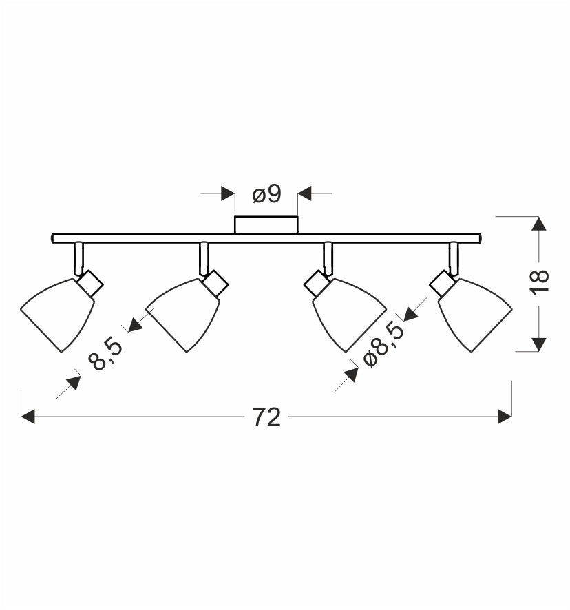 Schéma coté du luminaire avec largeur 72 cm, hauteur 18 cm et diamètres 8,5 cm.