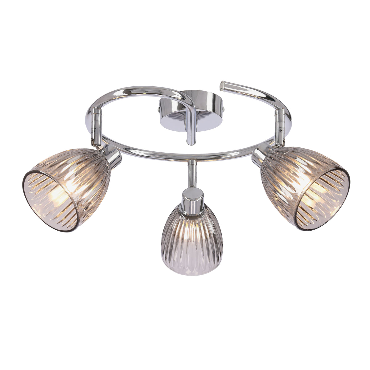 Luminaire plafond trois spots en verre strié et structure chromée, vue de face