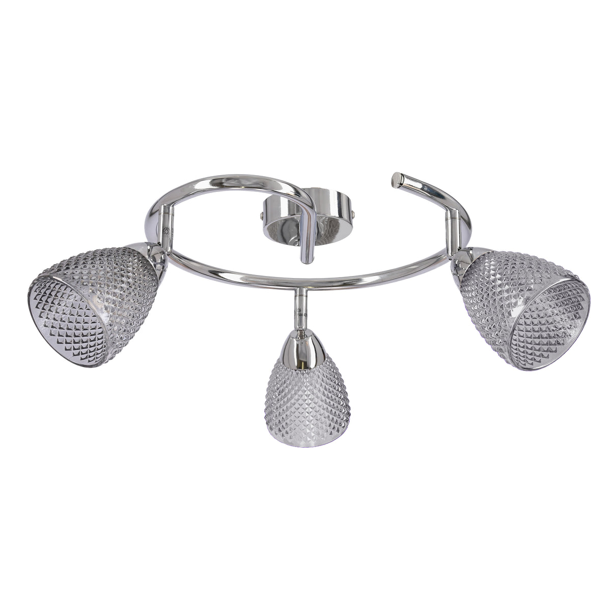 Plafonnier trois spots orientables en verre texturé et métal chromé, sur fond blanc