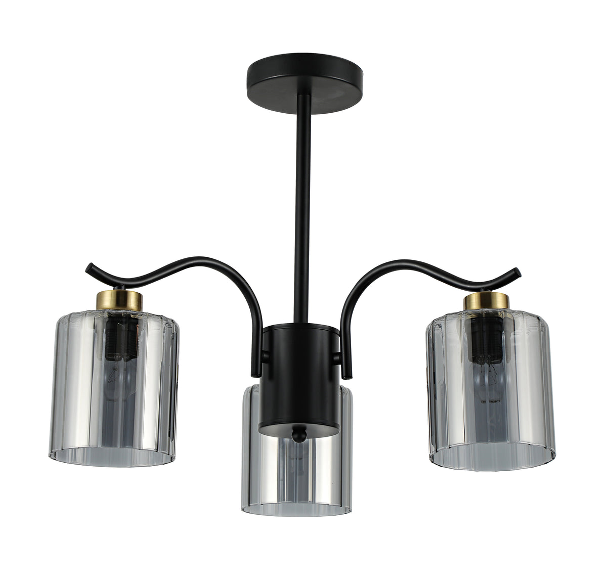 Suspension noire à trois lumières, verres cylindriques cannelés et finitions dorées, vue de face