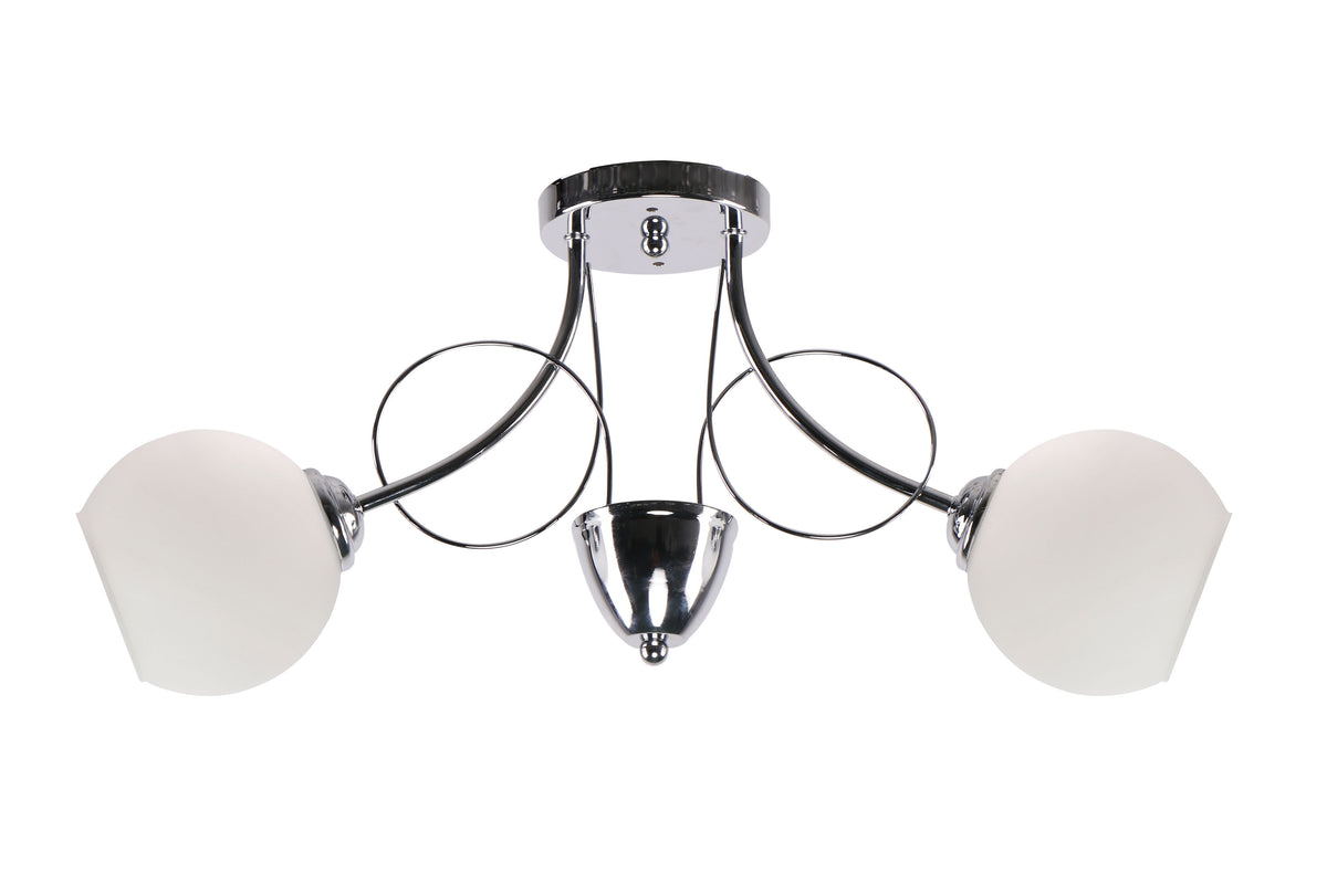 Plafonnier trois lumières en métal argenté et verre opalin blanc, vue de face