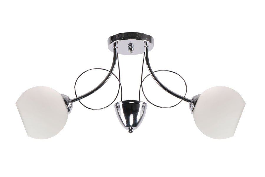 Plafonnier trois lumières en métal argenté et verre opalin blanc, vue de face