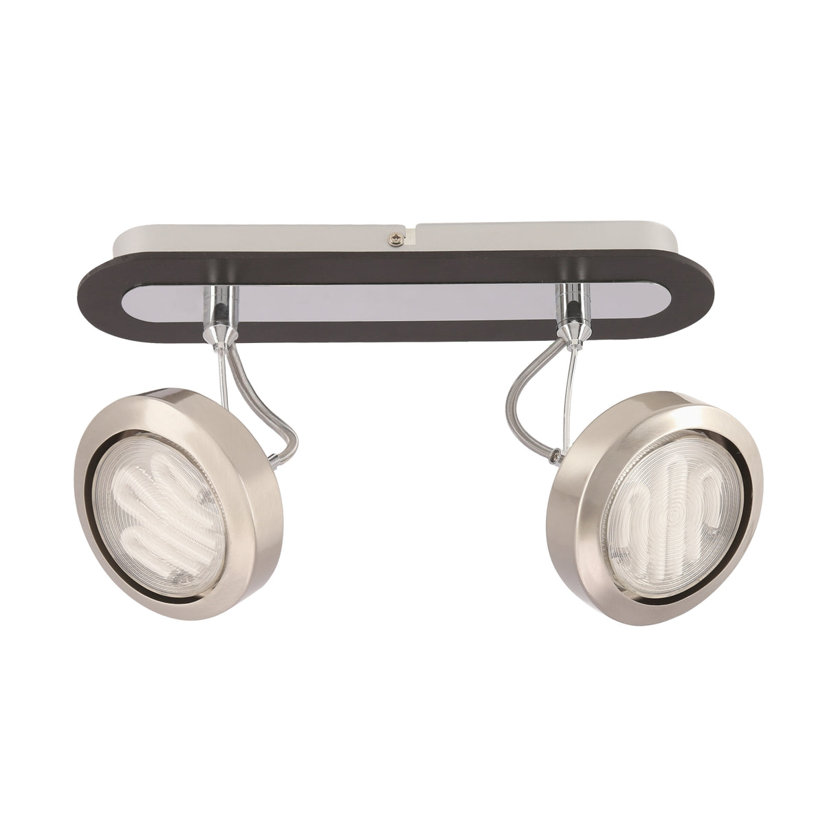 Vue de trois quarts d'un plafonnier à deux spots orientables, finition nickel satiné et wengé.