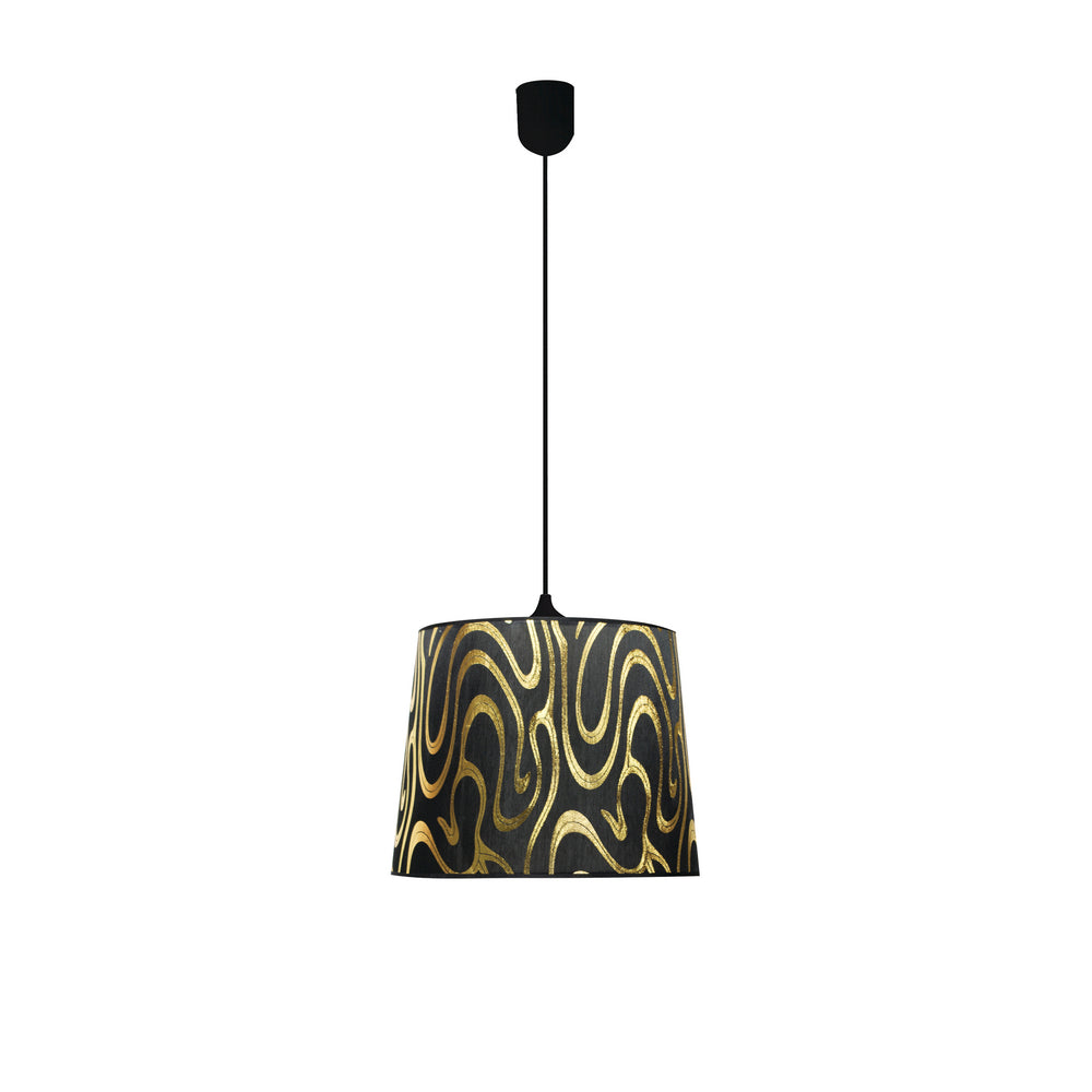 Vue de face de la suspension noire et dorée avec abat-jour à motifs