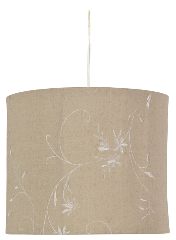 Abat-jour cylindrique en tissu beige avec broderie florale, câble de suspension visible