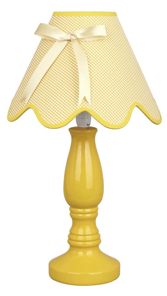 Version jaune de la lampe à poser, abat-jour vichy, nœud blanc et pied laqué brillant.