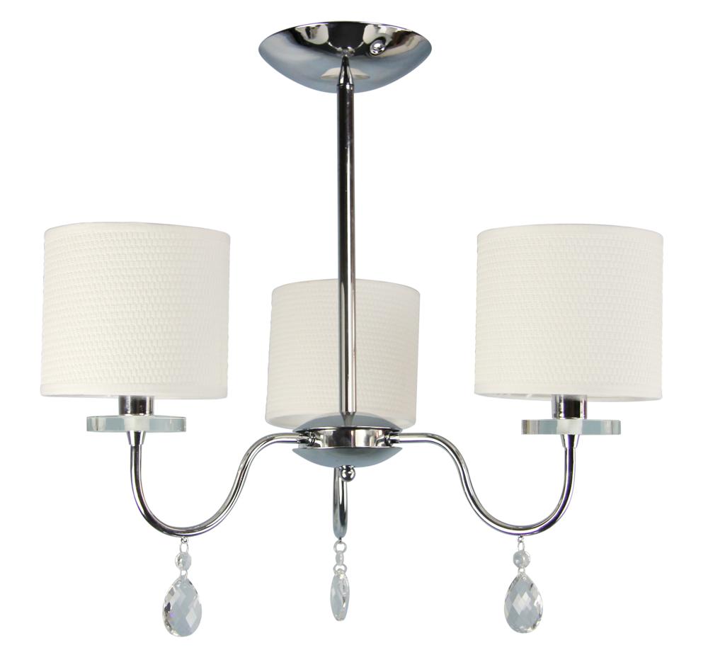 Suspension trois lumières chromée avec abat-jours cylindriques en tissu blanc, vue de face sur fond blanc