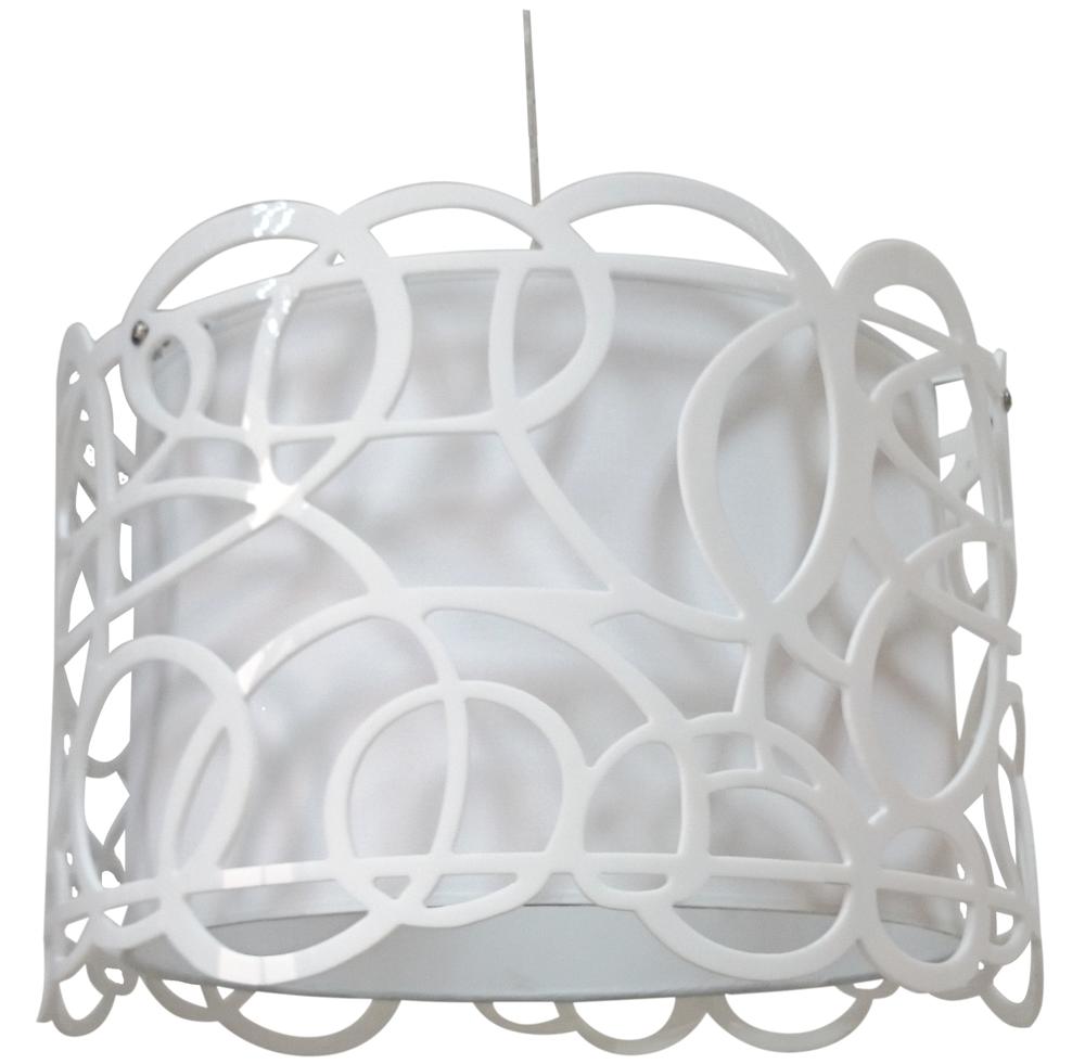 Vue de face du luminaire blanc ajouré avec cercles entrelacés et diffuseur textile