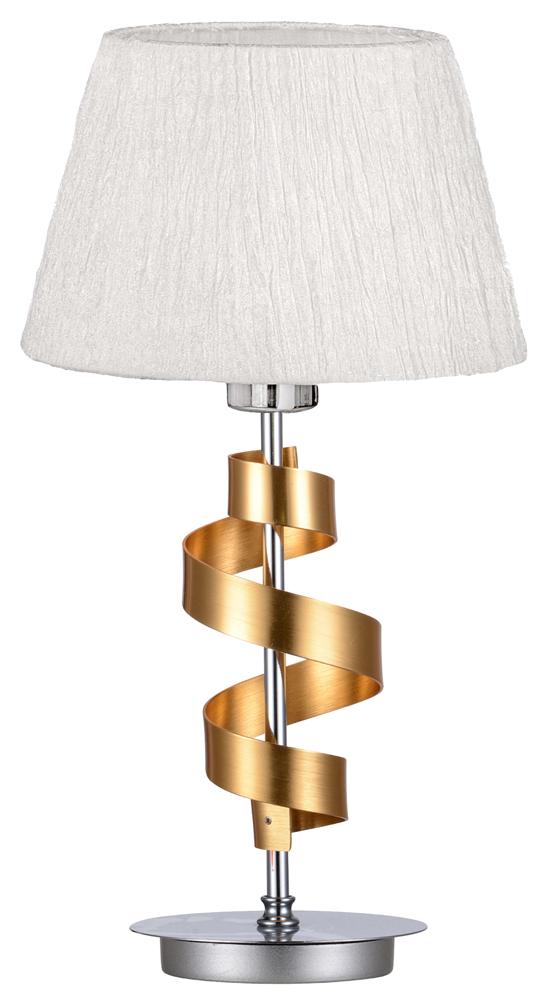 Lampe à poser sur fond blanc, abat-jour en tissu et ruban doré en spirale