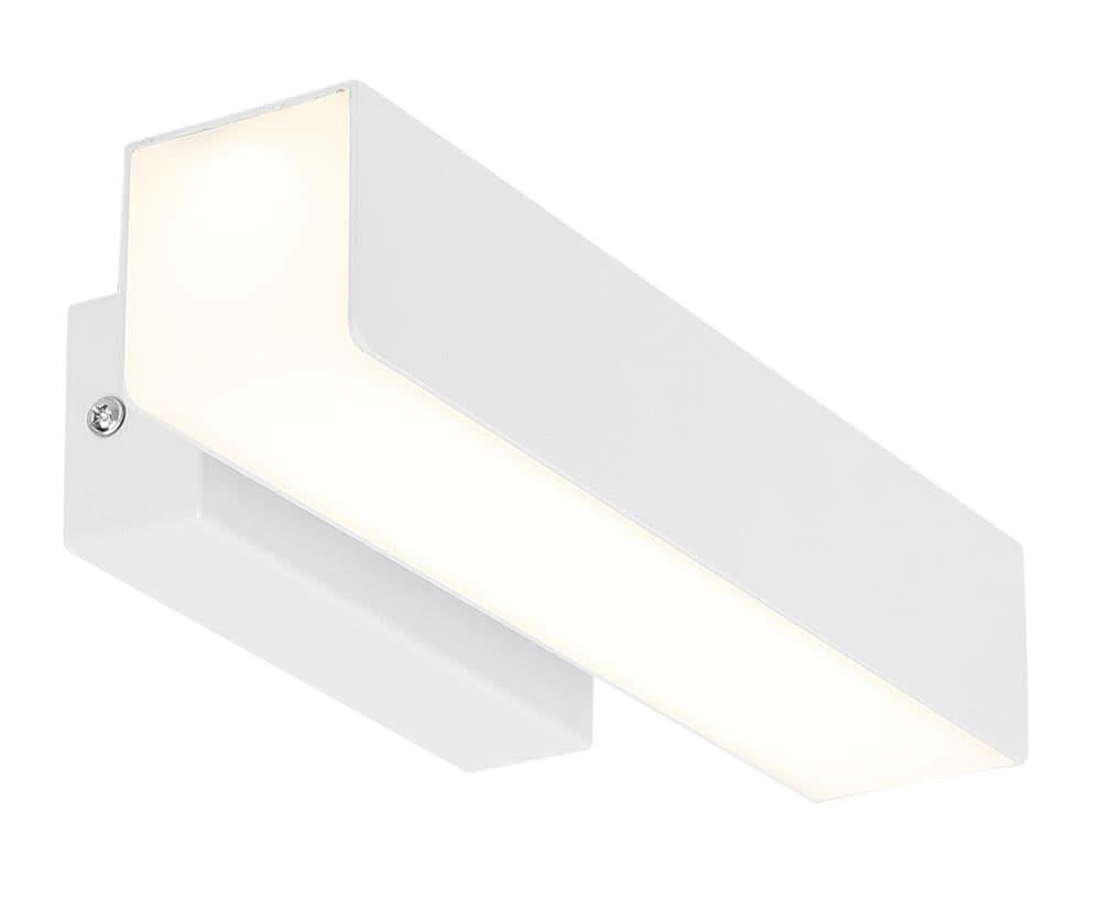 Vue de face de l'applique murale LED blanche, avec vis de fixation apparentes.