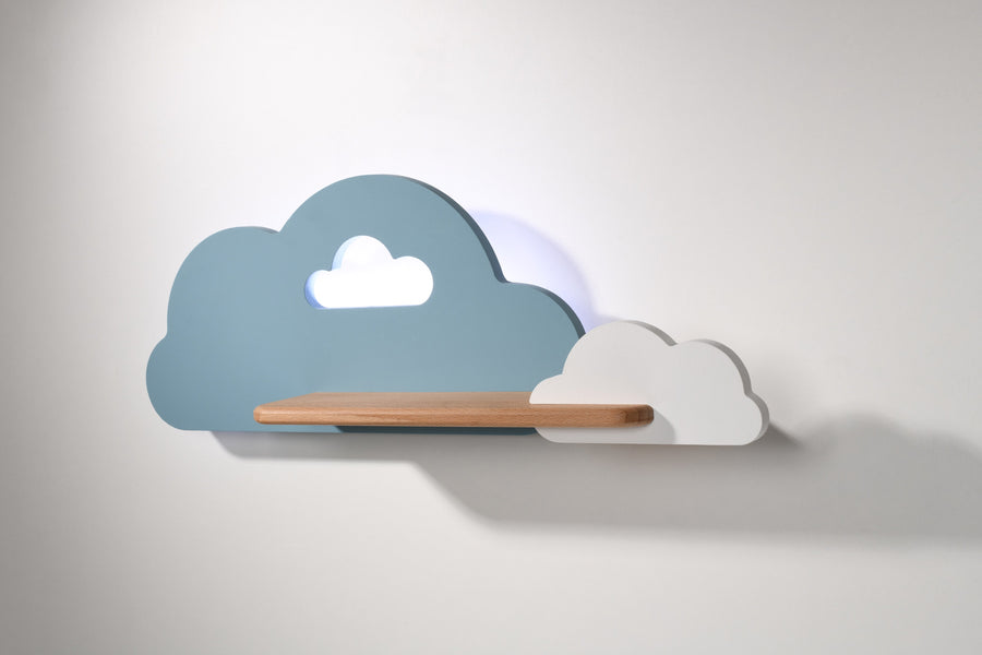 Applique murale LED Cloud pour chambre d'enfant bleue et blanche, bois