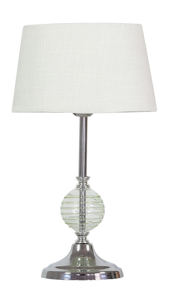 Lampe à poser de face, base chromée, boule verte et abat-jour en tissu clair