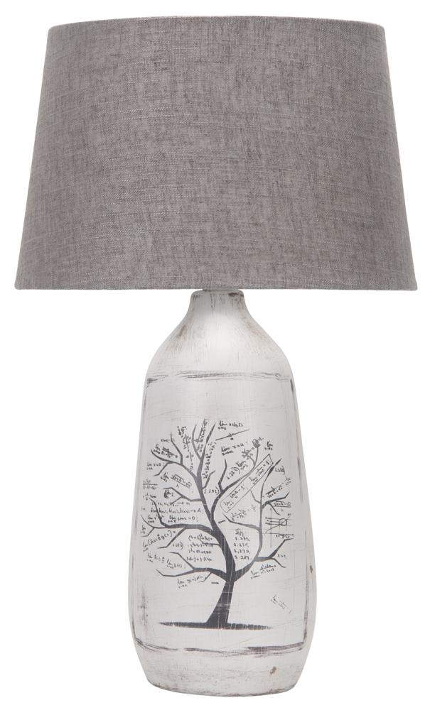 Lampe à poser de face, abat-jour gris en tissu et base blanche illustrée d'un arbre
